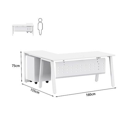 Mahmayi Bentuk 139-16L L-Shape Modern Workstation Desk with Mobile Drawer, Wire Management, Metal Legs & Modesty Panel - Ideal Computer Desk for Home Office Organization and Efficiency (White)