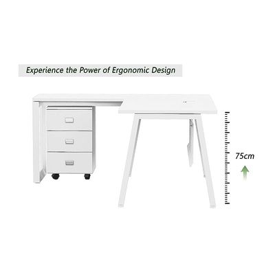 Mahmayi Bentuk 139-16L L-Shape Modern Workstation Desk with Mobile Drawer, Wire Management, Metal Legs & Modesty Panel - Ideal Computer Desk for Home Office Organization and Efficiency (White)
