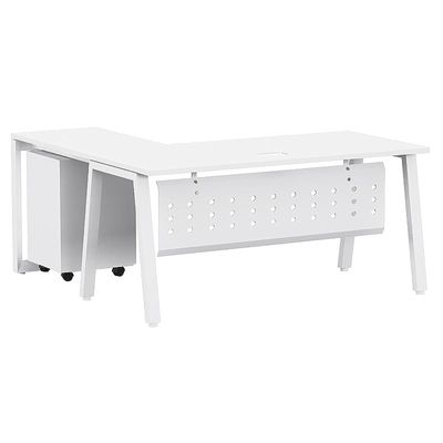 Mahmayi Bentuk 139-16L L-Shape Modern Workstation Desk with Mobile Drawer, Wire Management, Metal Legs & Modesty Panel - Ideal Computer Desk for Home Office Organization and Efficiency (White)