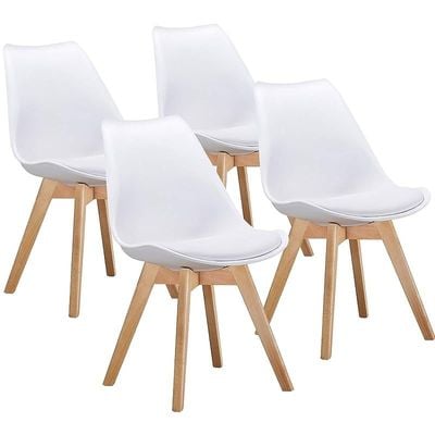 Retro Dining Side Mid Century Modern Chairs Durable Pu Cushion With Solid Wooden Legs, Set Of 4, White