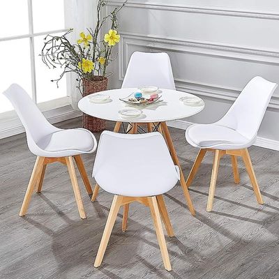 Retro Dining Side Mid Century Modern Chairs Durable Pu Cushion With Solid Wooden Legs, Set Of 4, White