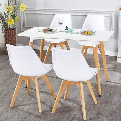 Retro Dining Side Mid Century Modern Chairs Durable Pu Cushion With Solid Wooden Legs, Set Of 4, White