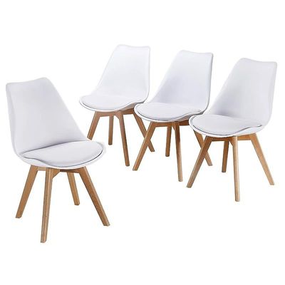 Retro Dining Side Mid Century Modern Chairs Durable Pu Cushion With Solid Wooden Legs, Set Of 4, White