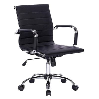 Mahmayi Ultimate 031L Eames Replica Ribbed PU Chrome Lowback Chair - Black, Comfortable Office Furniture