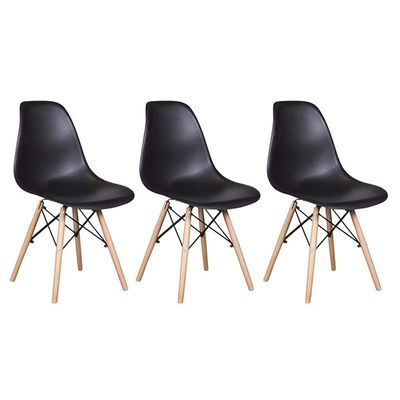 Set of 3 Dining Style Side Chair with Natural Wood Legs Eiffel Dining Room Chair Lounge Chair Eiffel Legged Base Molded Plastic Seat Shell Top Side Chairs - Black