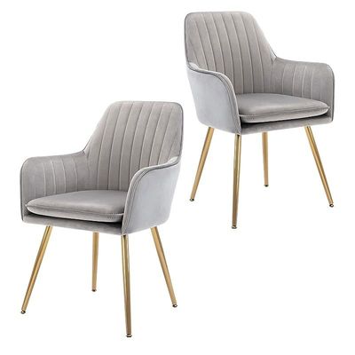 Golden Beach Velvet Dinning Chair Set Of 2 Mid-Back Accent Chair Modern Leisure Armchair With Gold Plating Legs Upholstered Living Room Chair (Silver Gray-2Pcs)