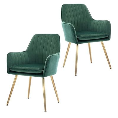Velvet Dinning Chair Set of 2 Mid-Back Accent Chair Modern Leisure Armchair with Gold Plating Legs Upholstered Living Room Chair (Royal Green-2PCS)
