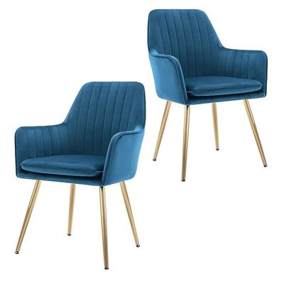 Velvet Dinning Chair Set of 2 Mid-Back Accent Chair Modern Leisure Armchair with Gold Plating Legs Upholstered Living Room Chair (Blue2-2PCS)