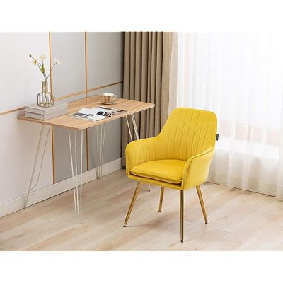 Artechworks Velvet Modern Living Dining Room Arm Chair Club Leisure Guest Lounge Bedroom Upholstered With Gold Metal Legs, Yellow