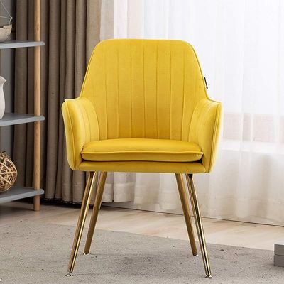 Artechworks Velvet Modern Living Dining Room Arm Chair Club Leisure Guest Lounge Bedroom Upholstered With Gold Metal Legs, Yellow