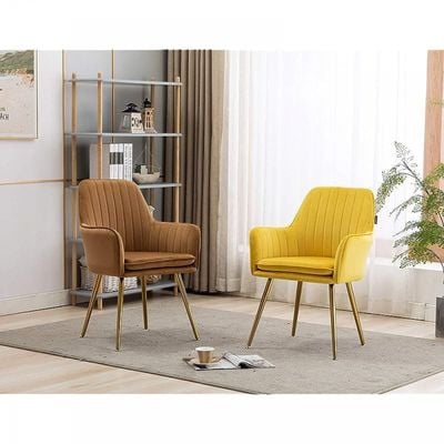 Artechworks Velvet Modern Living Dining Room Arm Chair Club Leisure Guest Lounge Bedroom Upholstered With Gold Metal Legs, Yellow