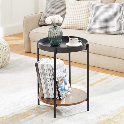 Mahmayi Dark Brown and Black LET221B01 End Table, Side Table with Movable Tray Coffee Table for Living Room, Bedroom (43x43x55cm)