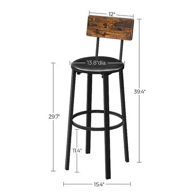 Bar Stools, Set of 2 PU Upholstered Breakfast Stools, 15.4 x 15.4 x 29.7 Inches, Footrest, Simple Assembly, Industrial, for Dining Room Kitchen Counter Bar, Rustic Brown and Black ULBC069B81