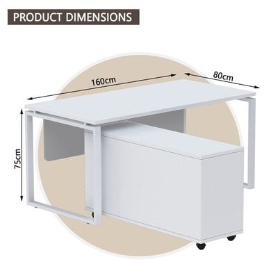 مكتب محطة عمل حديث من Mahmayi Carre 5116L على شكل حرف L مع مساحة تخزين جانبية متنقلة ومكتب كمبيوتر وأرجل معدنية مربعة ولوحة متواضعة - مثالي للمنزل والمكتب وتصميم مريح (أبيض)