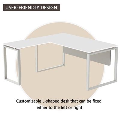 مكتب محطة عمل حديث على شكل حرف L من Mahmayi Carre 5114L بأرجل معدنية مربعة - مثالي للمكتب المنزلي ومكتب الكمبيوتر مع لوحة متواضعة لتنظيم مساحة العمل بكفاءة وتعزيز الإنتاجية (أبيض)