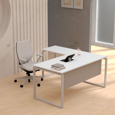 Mahmayi Carre 5114L L-Shape Modern Workstation Desk with Square Metal Legs - Ideal for Home Office, Computer Desk with Modesty Panel for Efficient Workspace Organization and Productivity Boost (White)