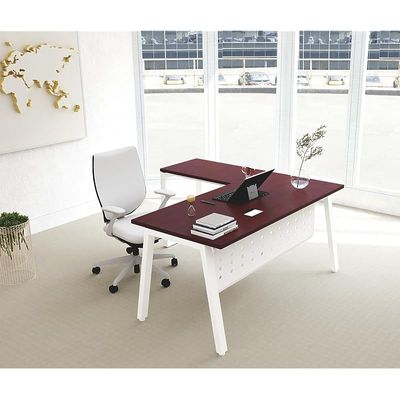 Mahmayi Bentuk 139-16L L-Shape Modern Workstation Desk with Wire Management, Metal Legs & Modesty Panel - Ideal Computer Desk for Home Office Organization and Efficiency (Apple Cherry)