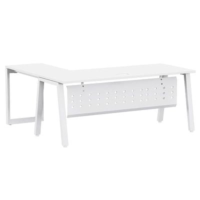 Mahmayi Bentuk 139-18L L-Shape Modern Workstation Desk with Wire Management, Metal Legs & Modesty Panel - Ideal Computer Desk for Home Office Organization and Efficiency (White)