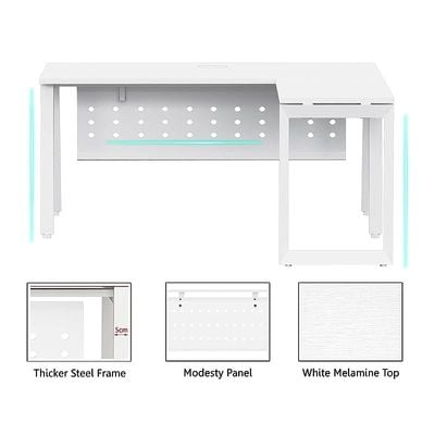 Mahmayi Bentuk 139-18L L-Shape Modern Workstation Desk with Wire Management, Metal Legs & Modesty Panel - Ideal Computer Desk for Home Office Organization and Efficiency (White)