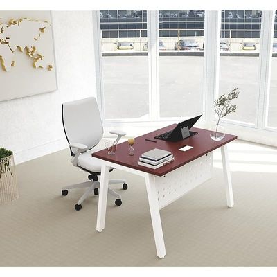 Mahmayi Bentuk 139-16 Modern Workstation Desk with Wire Management, Metal Legs & Modesty Panel - Ideal Computer Desk for Home Office Organization and Efficiency (Apple Cherry)