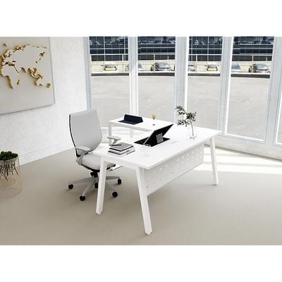 Mahmayi Bentuk 139-14L L-Shape Modern Workstation Desk with Wire Management, Metal Legs & Modesty Panel - Ideal Computer Desk for Home Office Organization and Efficiency (White)