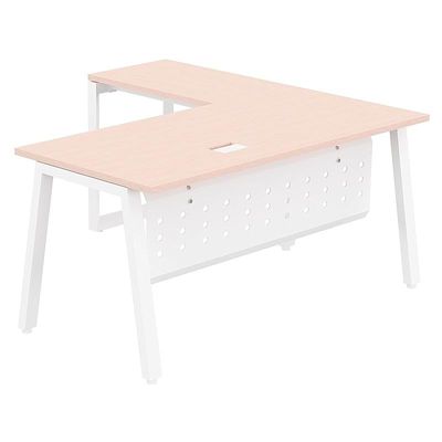 Mahmayi Bentuk 139-14L L-Shape Modern Workstation Desk with Wire Management, Metal Legs & Modesty Panel - Ideal Computer Desk for Home Office Organization and Efficiency (Oak)
