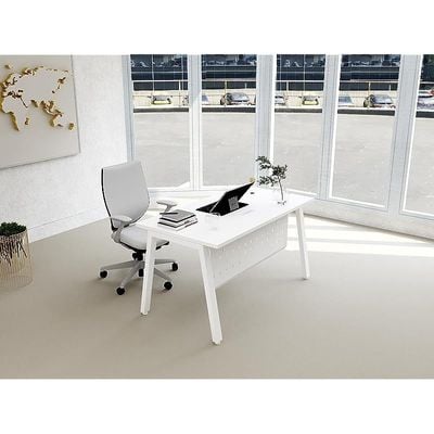 Mahmayi Bentuk 139-18 Modern Workstation Desk with Wire Management, Metal Legs & Modesty Panel - Ideal Computer Desk for Home Office Organization and Efficiency (White)