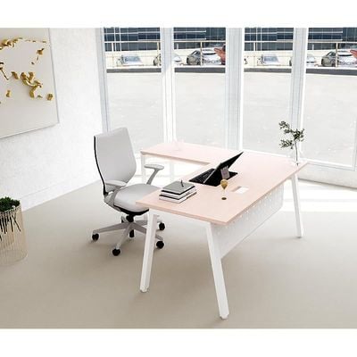 Mahmayi Bentuk 139-18L L-Shape Modern Workstation Desk with Wire Management, Metal Legs & Modesty Panel - Ideal Computer Desk for Home Office Organization and Efficiency (Oak)