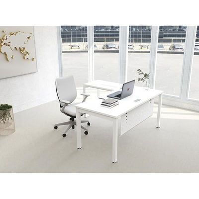 Mahmayi Figura 72-14L L-Shaped Modern Workstation Desk, Computer Desk, Metal Legs with Modesty Panel - Ideal for Home Office, Study, Writing, and Workstation Use (White)