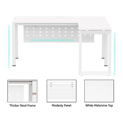 Mahmayi Figura 72-14L L-Shaped Modern Workstation Desk, Computer Desk, Metal Legs with Modesty Panel - Ideal for Home Office, Study, Writing, and Workstation Use (White)