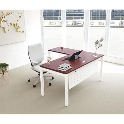 Mahmayi Figura 72-18L L-Shaped Modern Workstation Desk, Computer Desk, Metal Legs with Modesty Panel - Ideal for Home Office, Study, Writing, and Workstation Use (Apple Cherry)