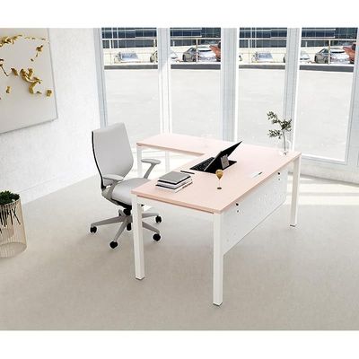 Mahmayi Figura 72-18L L-Shaped Modern Workstation Desk, Computer Desk, Metal Legs with Modesty Panel - Ideal for Home Office, Study, Writing, and Workstation Use (Oak)