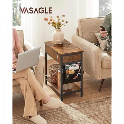Mahmayi End Table with Charging Station, Nightstand with USB Ports and Outlets, Fabric Bags, for Living Room, Bedroom, Rustic Brown + Black