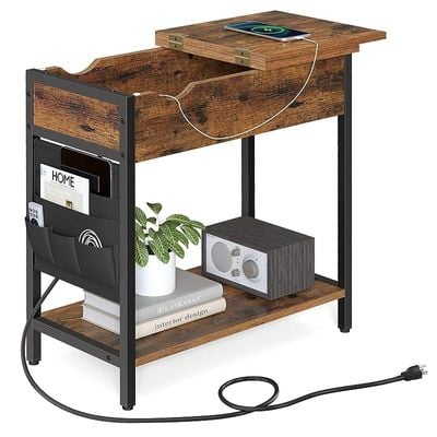 Vasagle End Table with Charging Station, Nightstand with USB Ports and Outlets, Fabric Bags, for Living Room, Bedroom, Rustic Brown + Black by Mahmayi