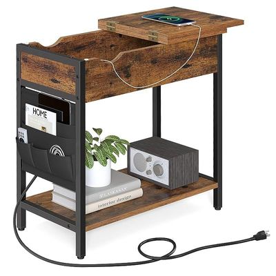 Mahmayi End Table with Charging Station, Nightstand with USB Ports and Outlets, Fabric Bags, for Living Room, Bedroom, Rustic Brown + Black