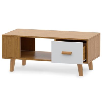 Mahmayi 303 Modern Multifunctional Coffee Table with Storage Unit, Single Drawer - Living Room Furniture (Beech & White, Wood)