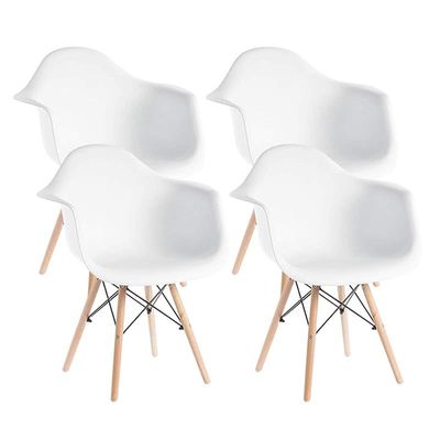 Furniture Set of 4 White - Eames Style Armchair with Natural Wood Legs Eiffel Dining Room Chair - Lounge Chair Arm Chair Arms Chairs Seats Wooden Wood Leg Base Molded Plastic