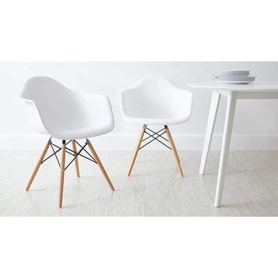 Furniture Set of 4 White - Eames Style Armchair with Natural Wood Legs Eiffel Dining Room Chair - Lounge Chair Arm Chair Arms Chairs Seats Wooden Wood Leg Base Molded Plastic