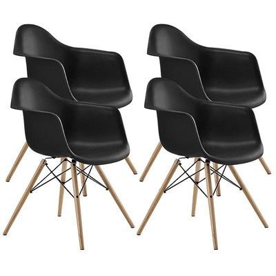 Furniture Set of 4 Black- Eames Style Armchair with Natural Wood Legs Eiffel Dining Room Chair - Lounge Chair Arm Chair Arms Chairs Seats Wooden Wood Leg Base Molded Plastic