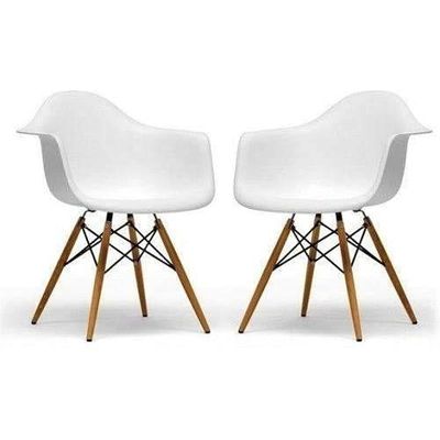 Furniture Set of 2 White - Eames Style Armchair with Natural Wood Legs Eiffel Dining Room Chair - Lounge Chair Arm Chair Arms Chairs Seats Wooden Wood Leg Base Molded Plastic