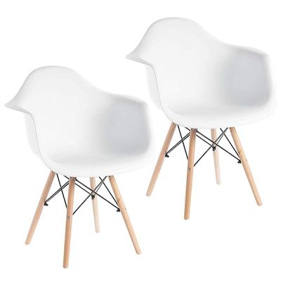 Furniture Set of 2 White - Eames Style Armchair with Natural Wood Legs Eiffel Dining Room Chair - Lounge Chair Arm Chair Arms Chairs Seats Wooden Wood Leg Base Molded Plastic