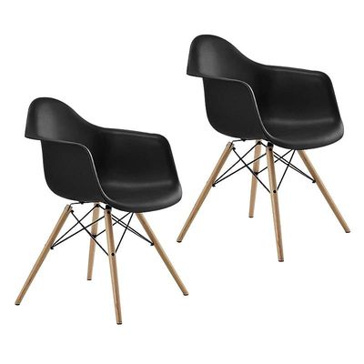 Furniture Set of 2 Black Eames Style Armchair with Natural Wood Legs Eiffel Dining Room Chair - Lounge Chair Arm Chair Arms Chairs Seats Wooden Wood Leg Base Molded Plastic