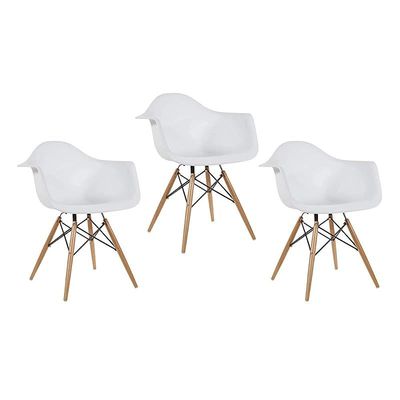 Furniture Set of 3 White - Eames Style Armchair with Natural Wood Legs Eiffel Dining Room Chair - Lounge Chair Arm Chair Arms Chairs Seats Wooden Wood Leg Base Molded Plastic