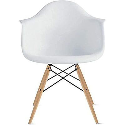 Furniture Set of 3 White - Eames Style Armchair with Natural Wood Legs Eiffel Dining Room Chair - Lounge Chair Arm Chair Arms Chairs Seats Wooden Wood Leg Base Molded Plastic