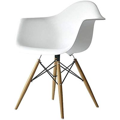 Furniture Set of 3 White - Eames Style Armchair with Natural Wood Legs Eiffel Dining Room Chair - Lounge Chair Arm Chair Arms Chairs Seats Wooden Wood Leg Base Molded Plastic