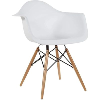 Furniture Set of 3 White - Eames Style Armchair with Natural Wood Legs Eiffel Dining Room Chair - Lounge Chair Arm Chair Arms Chairs Seats Wooden Wood Leg Base Molded Plastic