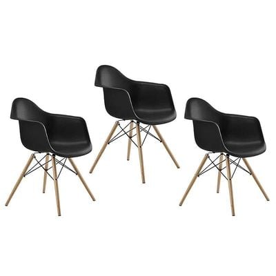 Furniture Set of 3 Black- Eames Style Armchair with Natural Wood Legs Eiffel Dining Room Chair - Lounge Chair Arm Chair Arms Chairs Seats Wooden Wood Leg Base Molded Plastic