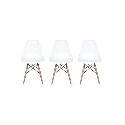 Set of 3 Eames Style Chair with Walnut Wood Legs Eiffel Dining Room Chair - Lounge Chair Without Arms Chair Seat Wooden Wood Eiffel Legged Base Molded Plastic Seat Dining Chair - White