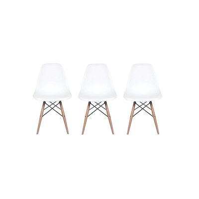 Set of 3 Eames Style Chair with Walnut Wood Legs Eiffel Dining Room Chair - Lounge Chair Without Arms Chair Seat Wooden Wood Eiffel Legged Base Molded Plastic Seat Dining Chair - White