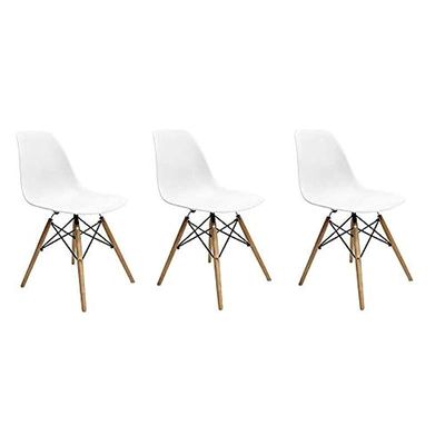 Set of 3 Eames Style Chair with Walnut Wood Legs Eiffel Dining Room Chair - Lounge Chair Without Arms Chair Seat Wooden Wood Eiffel Legged Base Molded Plastic Seat Dining Chair - White